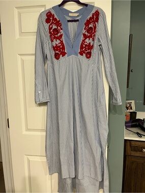 Tory Burch Light Blue & White Striped Long Sleeve Dress with Red Embroidery